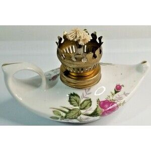 Vintage Aladdin Style Oil Lamp Roses Porcelain White Pink Green Wick No Chimney